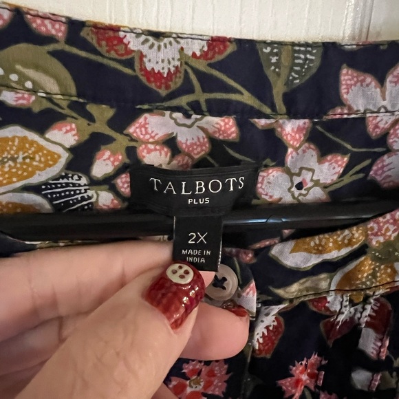 Talbots Black Floral Blouse with Yellow and Red Accents - Picture 3 of 8